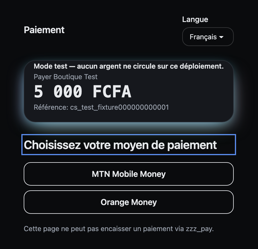 Checkout page in French: a 5 000 FCFA amount card under a test-mode banner, and two buttons, MTN Mobile Money and Orange Money.