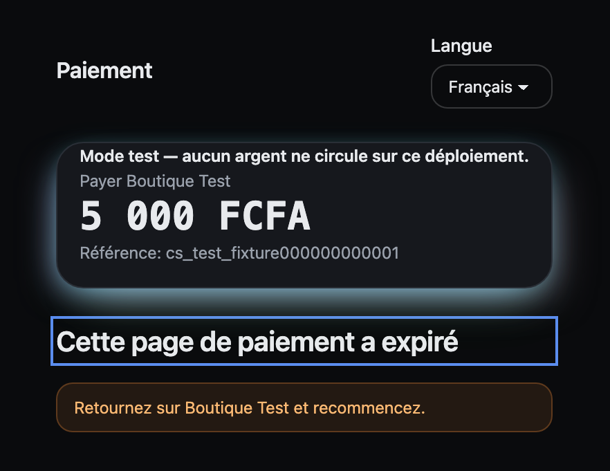Checkout page in French headed 'Cette page de paiement a expiré': go back to Boutique Test and start again.