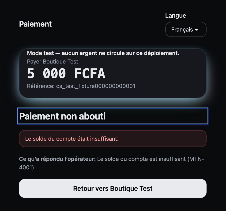 Checkout page in French headed 'Paiement non abouti': the account balance was insufficient, then what the operator answered, MTN-4001, and a Retour vers Boutique Test button.