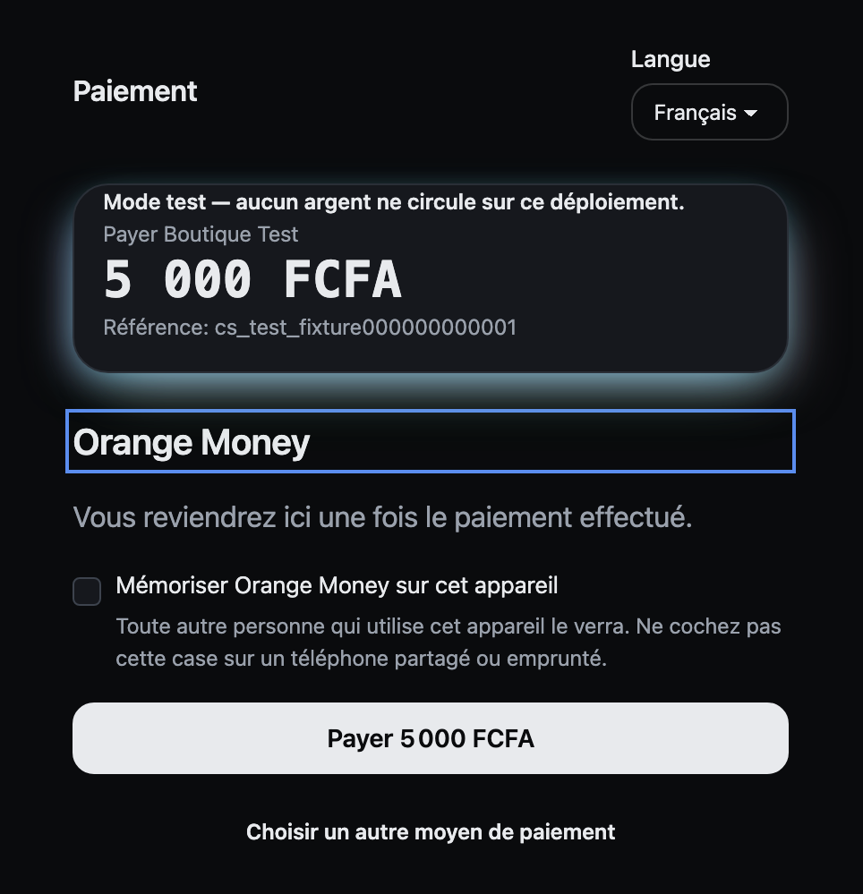 Checkout page in French for Orange Money: you will come back here once the payment is made, a remember checkbox, and a Payer 5 000 FCFA button.