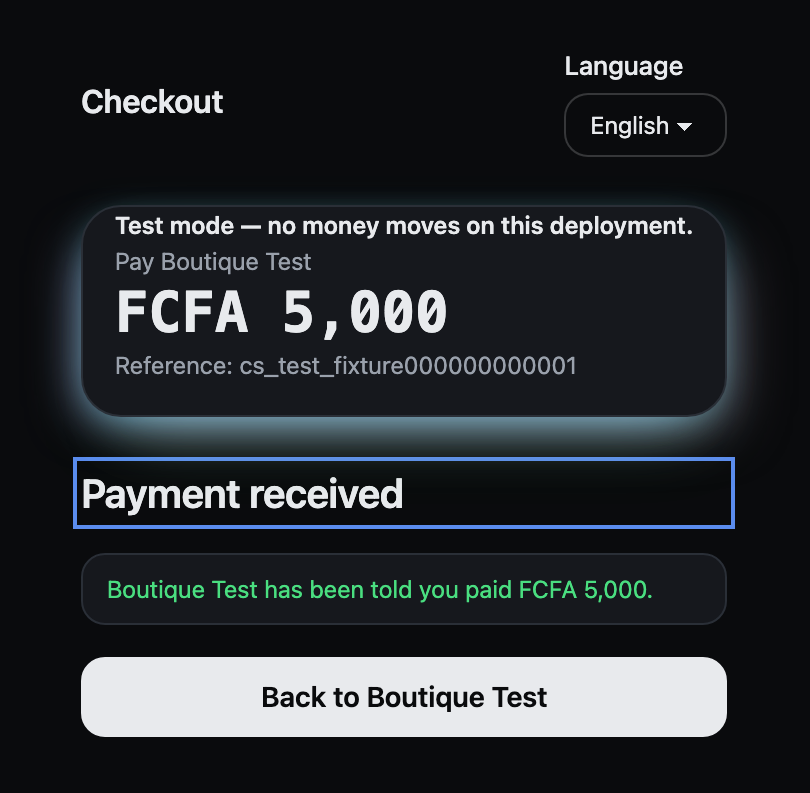 Checkout page in English headed 'Payment received': Boutique Test has been told you paid FCFA 5,000. One button, Back to Boutique Test.